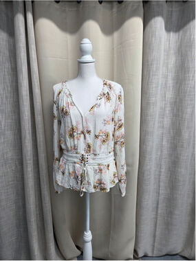 American Rag White Floral V-Neck Peasant Top with Waist Tie Size 24